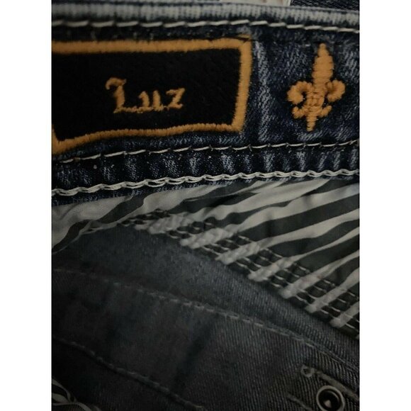 Rock Revival Luz Boot Blue Denim Jeans 25x29 Stretch Leather Flap Pockets Bling - Picture 7 of 11